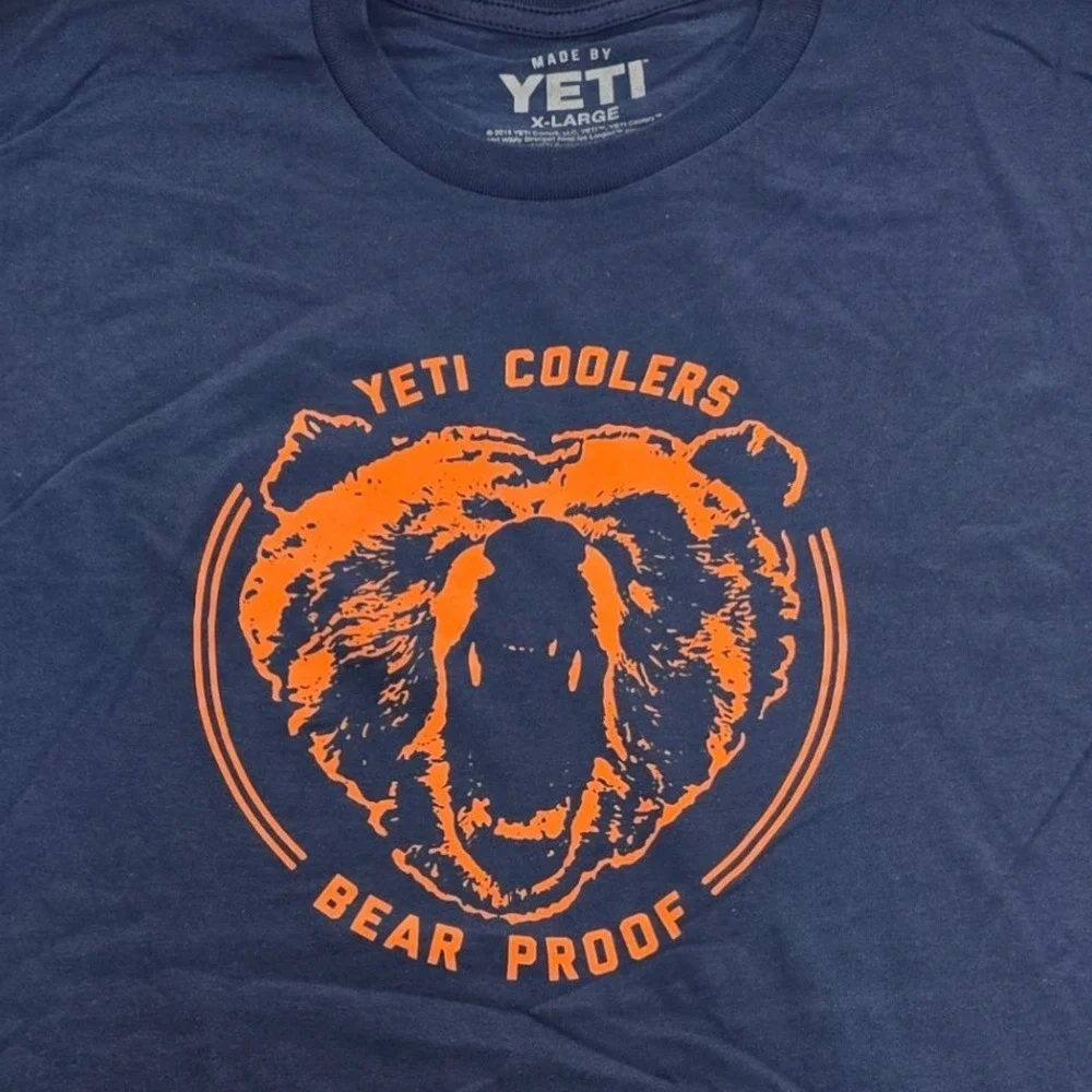 Yeti Coolers Bear Proof T-Shirt Mens XL Navy Blue Orange Grizzly Graphic Cotton